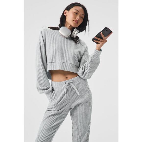 Alo Yoga Tops - Alo Yoga Muse Hoodie Gray Cropped Ribbed Athleisure Pullover Sweatshirt Gym